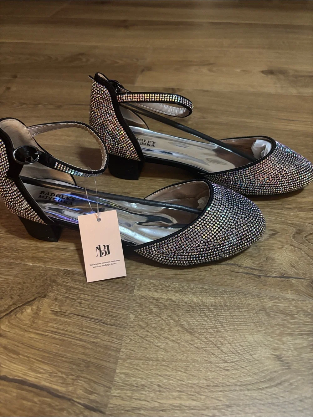 Badgley Mischka Iridescent Crystal Flats with Black Trim and Ankle Strap